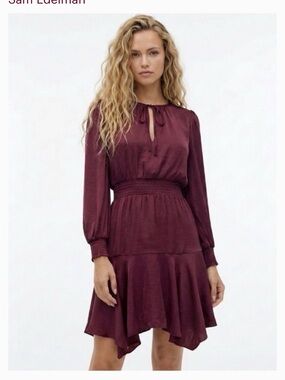 Sam Edelman Wine Long-Sleeve Smocked-Waist Dress